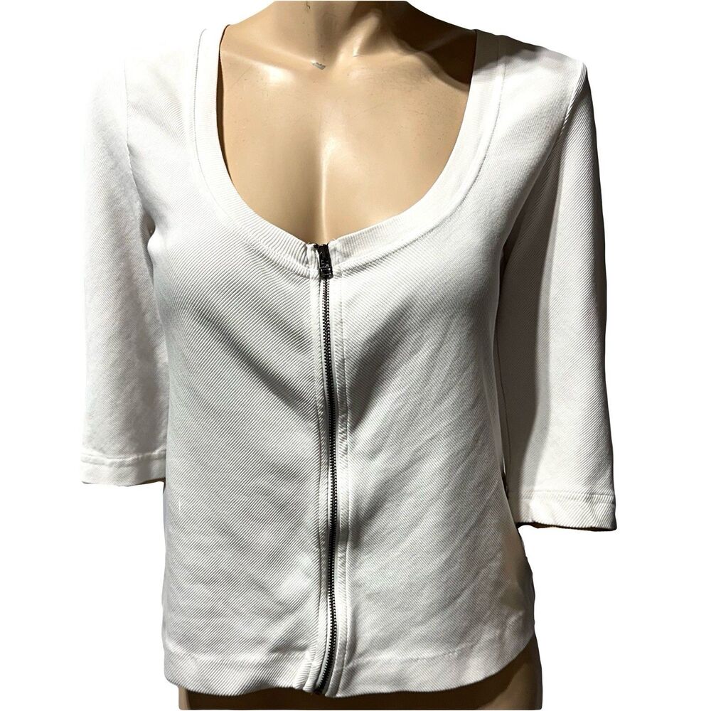 Anthropologie Maeve Top Womens Size L Large White Zip Front Half Sleeve